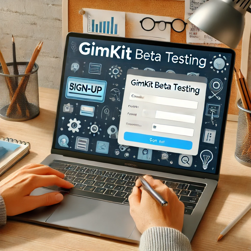 A modern digital workspace showcasing a teacher signing up for Gimkit beta testing on a sleek laptop screen, with educational materials and a coffee cup on the desk