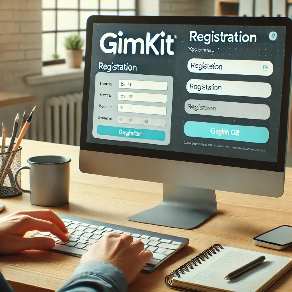 A digital interface showing a user creating a Gimkit account, with a registration form visible on a computer screen. The setting is a well-lit modern workspace, with a notebook and coffee cup on the desk