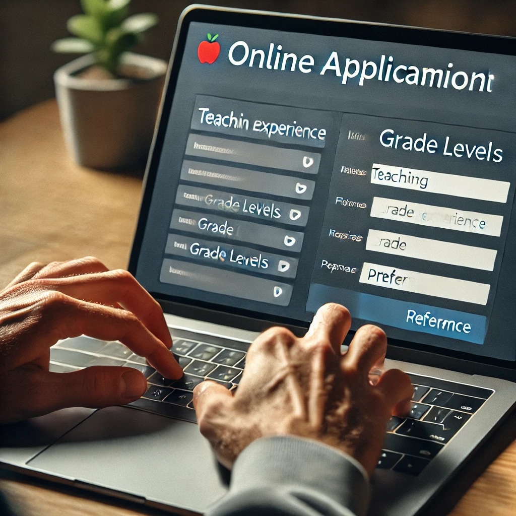 A close-up of a person filling out an online beta application form on a laptop, entering teaching experience and grade levels