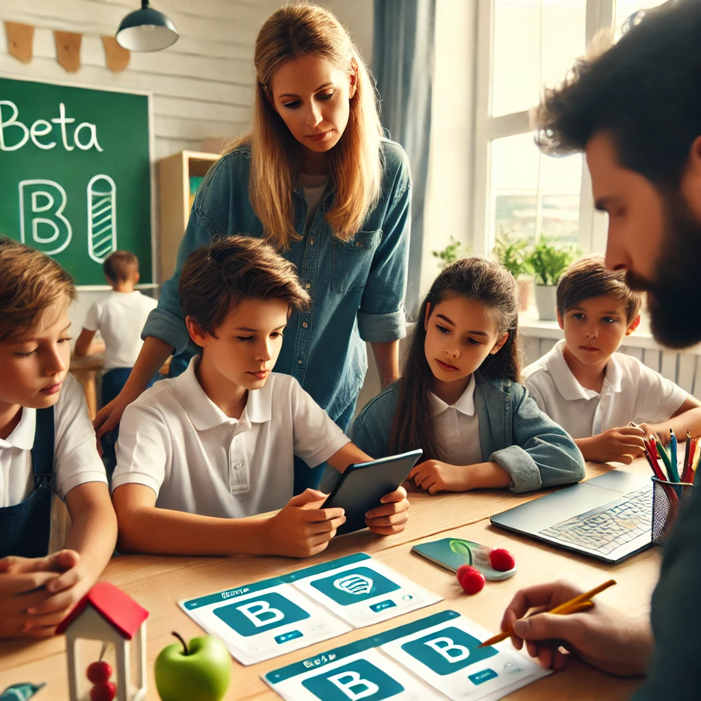 A teacher working with a small group of students to test new beta features in an educational app, ensuring structured feedback