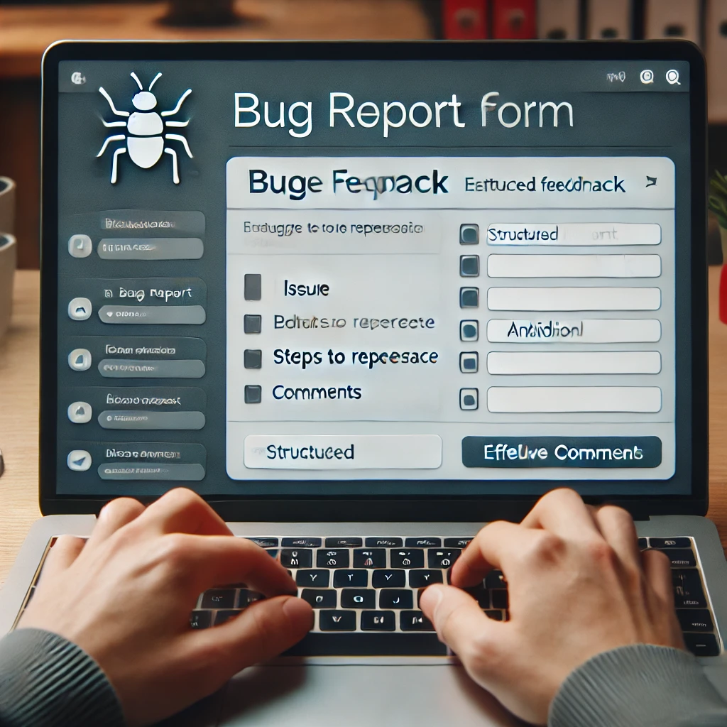 A person typing detailed feedback on an educational platform’s bug report form, providing structured information on the issue