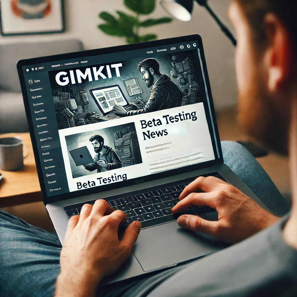 A person reading Gimkit’s official blog on a laptop, staying updated on the latest beta testing news