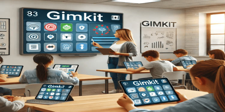 A teacher using Gimkit on a smartboard in a modern classroom with students engaged on their devices, highlighting gamification in education