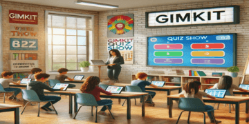 A modern classroom featuring students and a teacher engaging with Day One Gimkit on a smartboard, showcasing collaborative gamified learning in action
