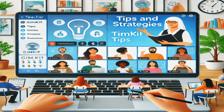A teacher participating in an online webinar about Gimkit tips and strategies, with a laptop screen showing a vibrant discussion forum and a group of educators sharing ideas in a virtual setting