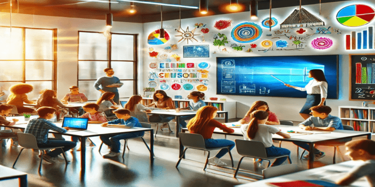 A vibrant classroom scene featuring engaged students collaborating on group activities, guided by an interactive teacher using modern tools