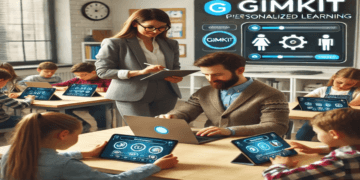 A teacher customizing Gimkit settings on a laptop in a modern classroom with students engaged on their tablets, showcasing personalized learning through gamification