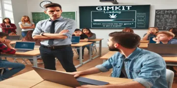 A frustrated teacher in a modern classroom looking at a laptop screen with a Gimkit loading error. Students in the background waiting for the game to start