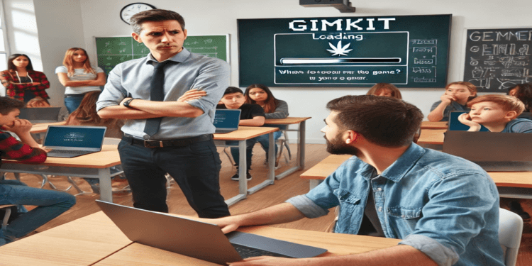 A frustrated teacher in a modern classroom looking at a laptop screen with a Gimkit loading error. Students in the background waiting for the game to start