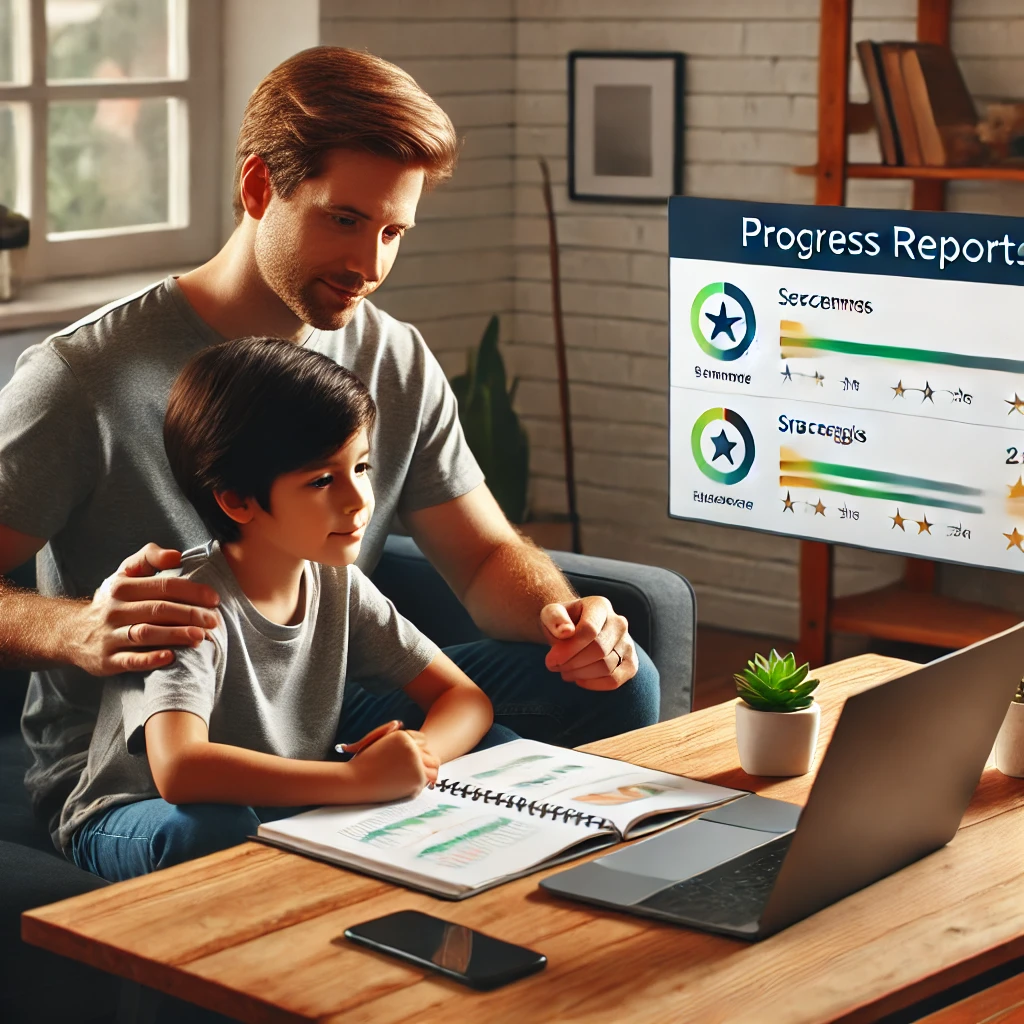 A parent and child reviewing Gimkit progress reports on a laptop in a modern home office, highlighting success and discussing strategies for improvement