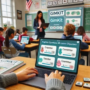 A teacher aligning Gimkit questions with lesson objectives on a laptop, with students using tablets and a smartboard displaying customized game settings