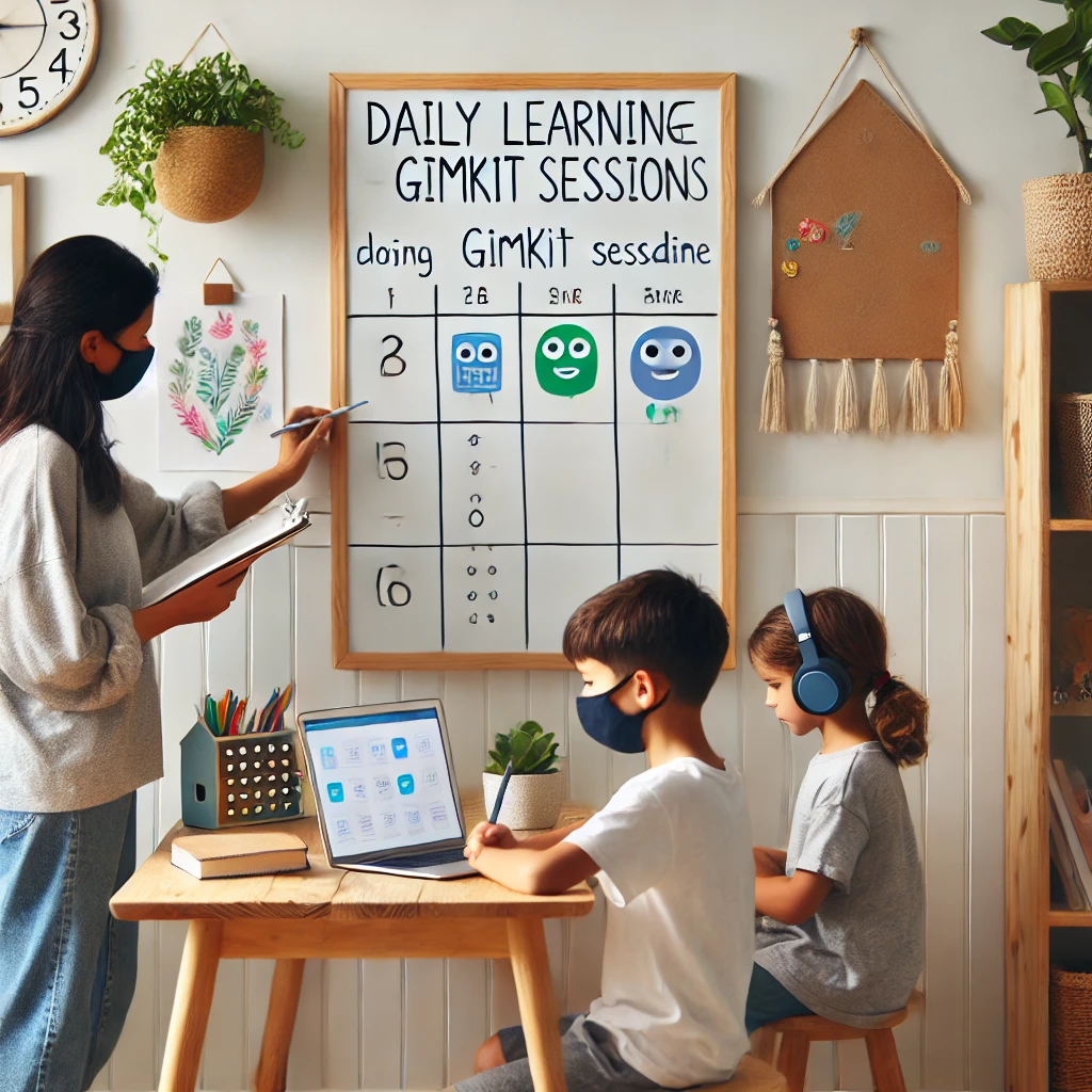 A family setting up a daily learning schedule on a whiteboard, including Gimkit sessions, in a bright and organized home study space