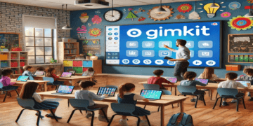 A vibrant classroom featuring a teacher using Gimkit on a large screen, students actively participating with tablets, and a collaborative atmosphere showcasing community-driven teaching strategies and modern tech-friendly decor