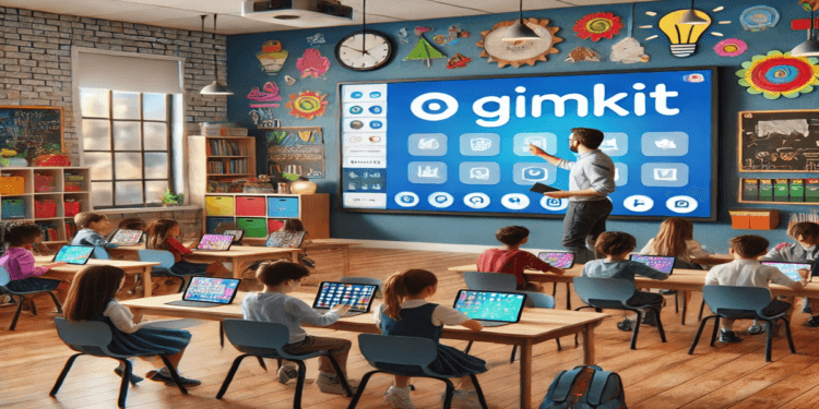 A vibrant classroom featuring a teacher using Gimkit on a large screen, students actively participating with tablets, and a collaborative atmosphere showcasing community-driven teaching strategies and modern tech-friendly decor