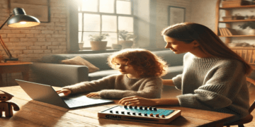 A cozy home setting with a parent guiding their child through Gimkit on a laptop, emphasizing fun and interactive learning