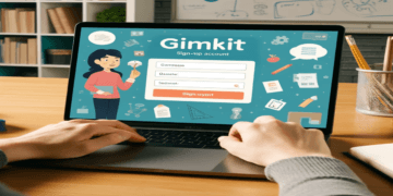 A teacher hosting a Gimkit quiz show with students actively participating on their devices in a lively classroom setting