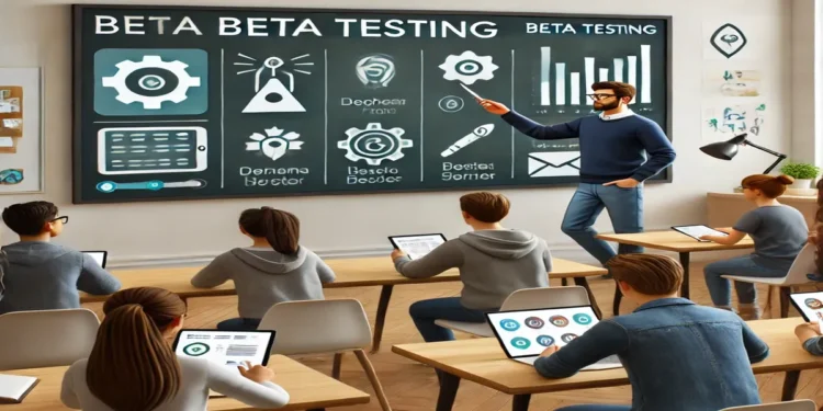 A modern classroom where a teacher is using a laptop to access Gimkit beta testing features, while students engage with tablets in a gamified learning session, creating an interactive educational environment