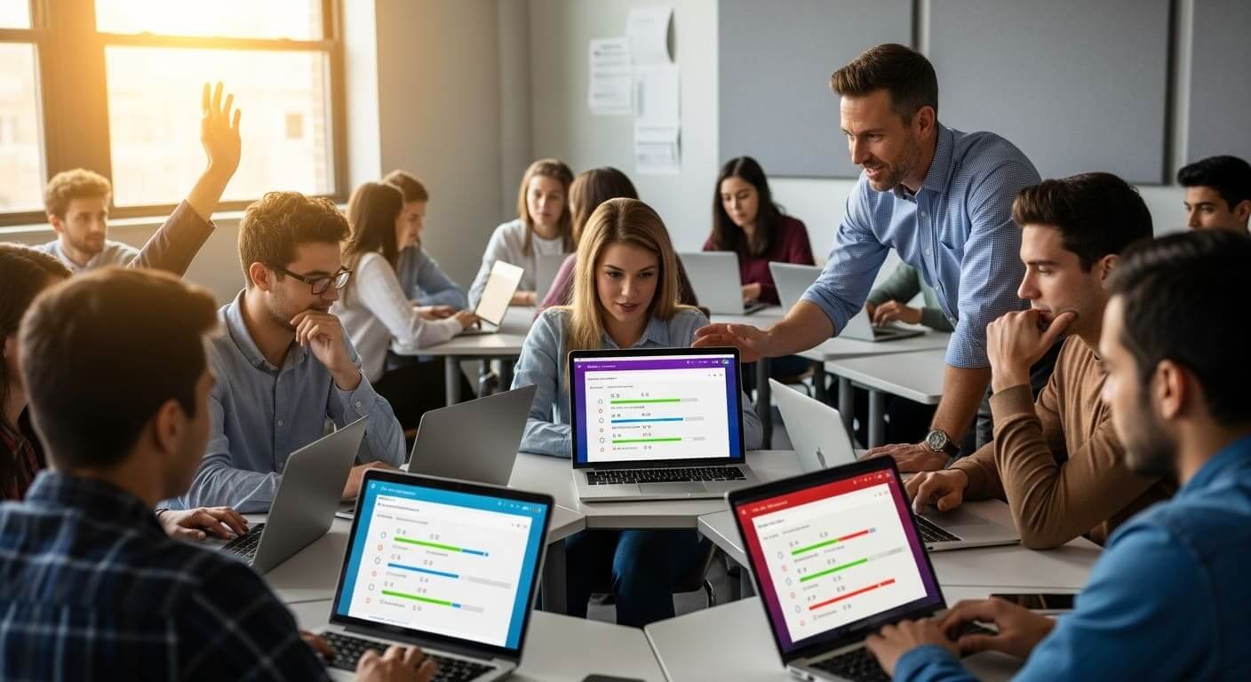 University students engaged in a classroom with interactive digital learning tools on laptops, symbolizing gamification in higher education.