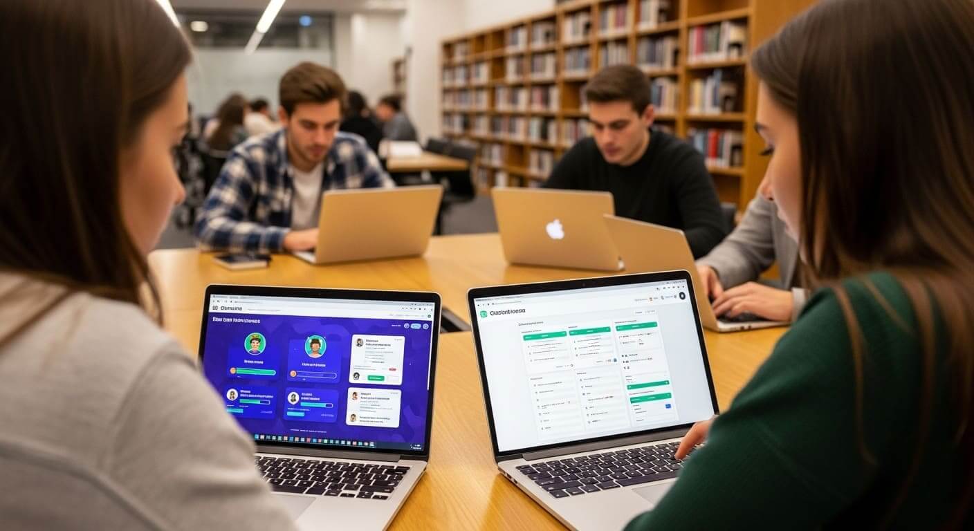 Side-by-side student screens showing Gimkit, Kahoot!, and Quizizz interfaces during a classroom activity.