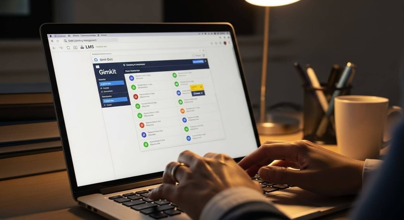 Professor embedding a Gimkit activity inside a learning management system like Canvas on a laptop.