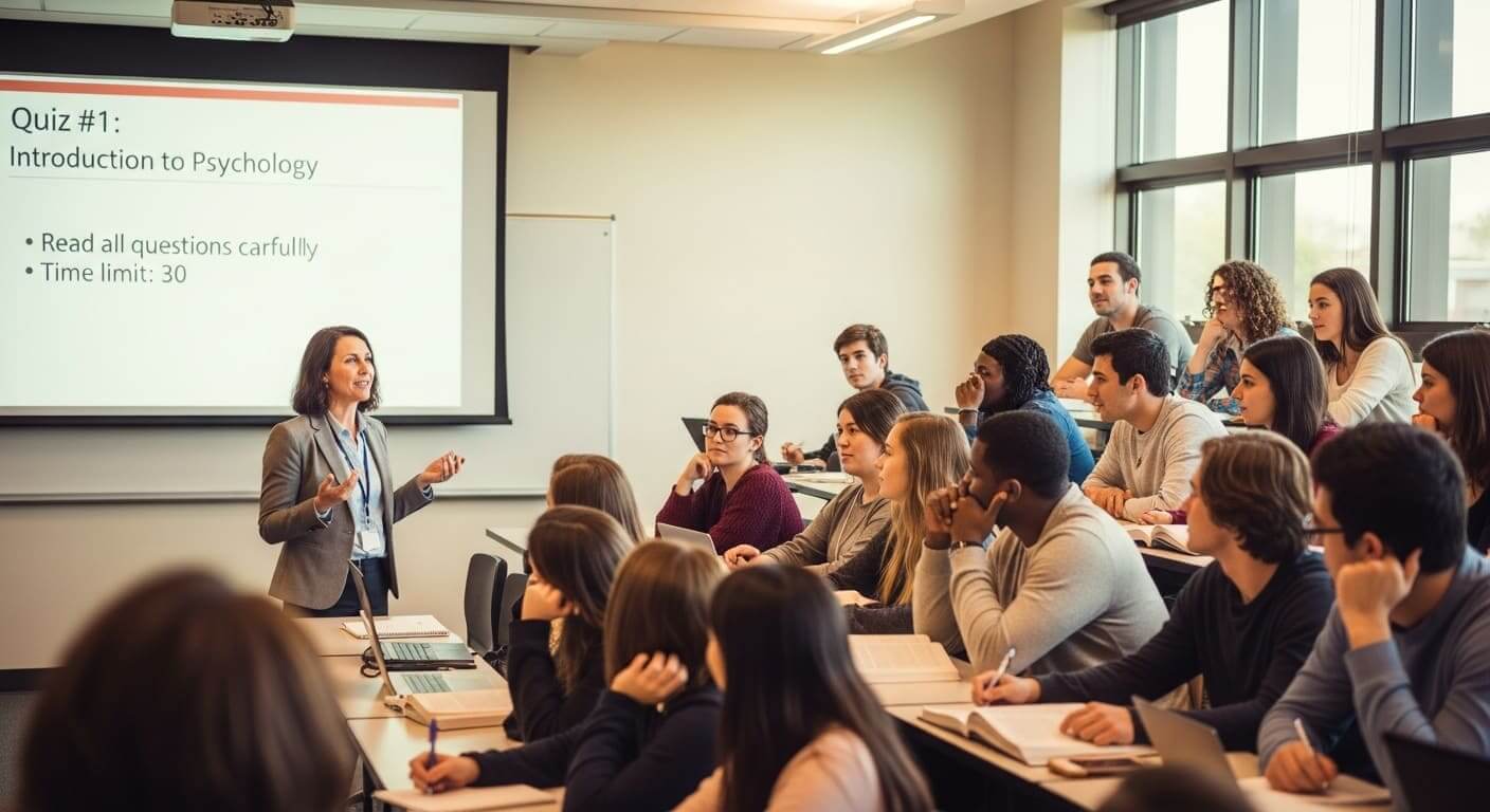 Professor explaining to students the learning purpose behind using a gamified quiz platform.