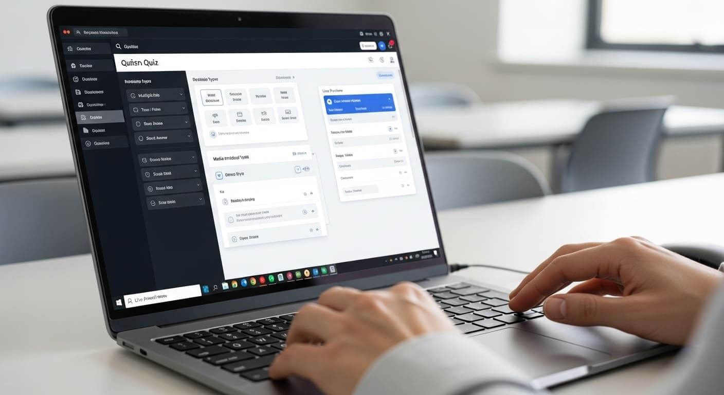 Professor designing complex quiz questions for higher-level university courses on a laptop.