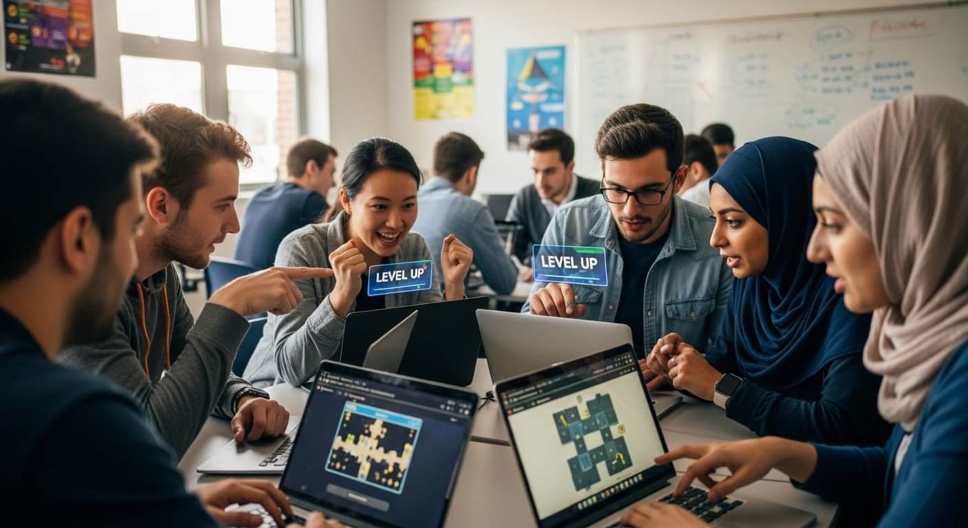 Adult learners in a university seminar using gamified quiz apps for interactive learning.