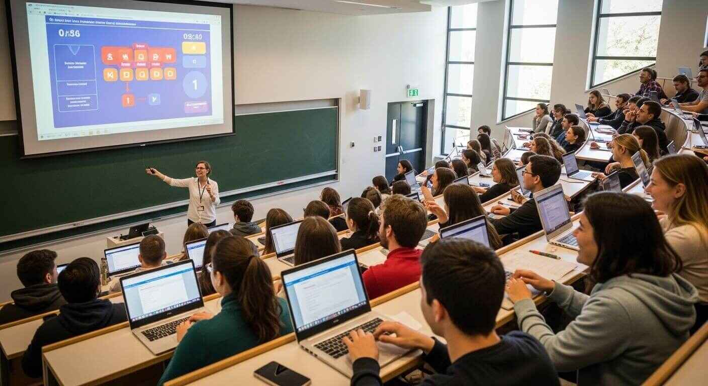 Close-up of a focused university student feeling motivated while answering quiz questions on a laptop.