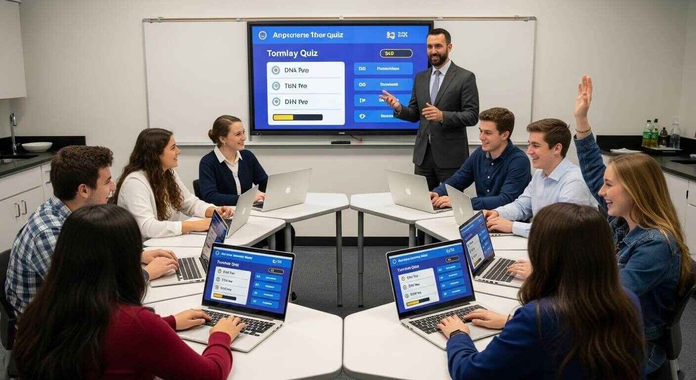 Biology professor guiding students through interactive digital quizzes to reinforce complex concepts.