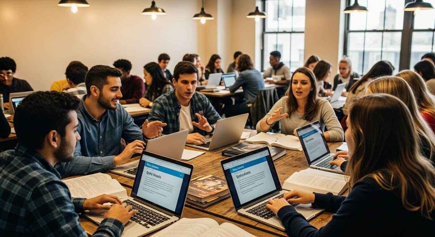 University students in literature class discussing and answering quiz-based analysis questions.