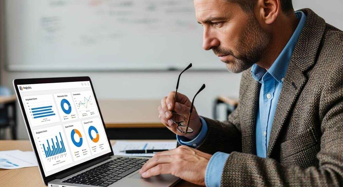 Professor analyzing student performance data on a digital dashboard during class.