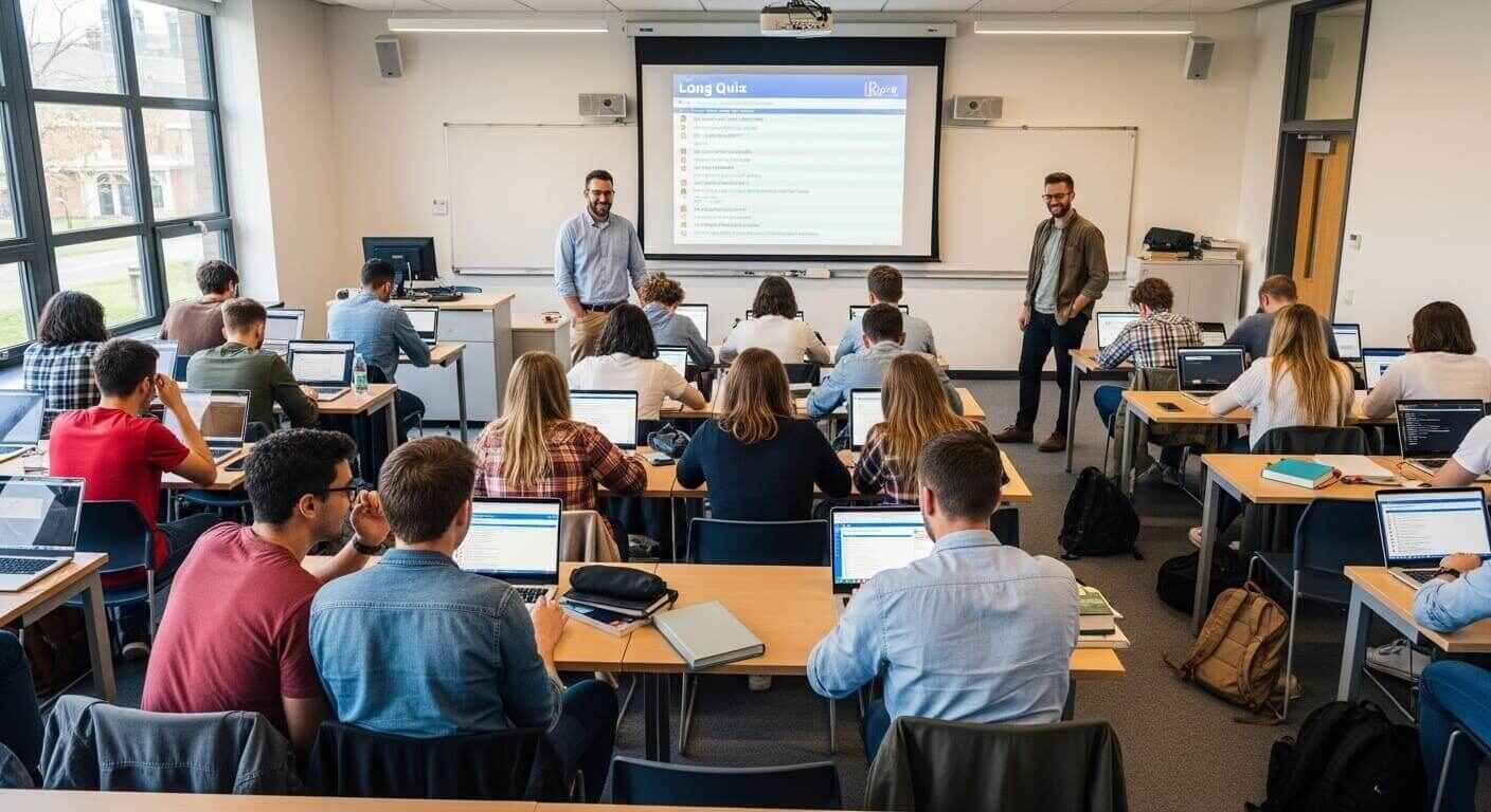 University students playing a high-stakes quiz game review activity before final exams.