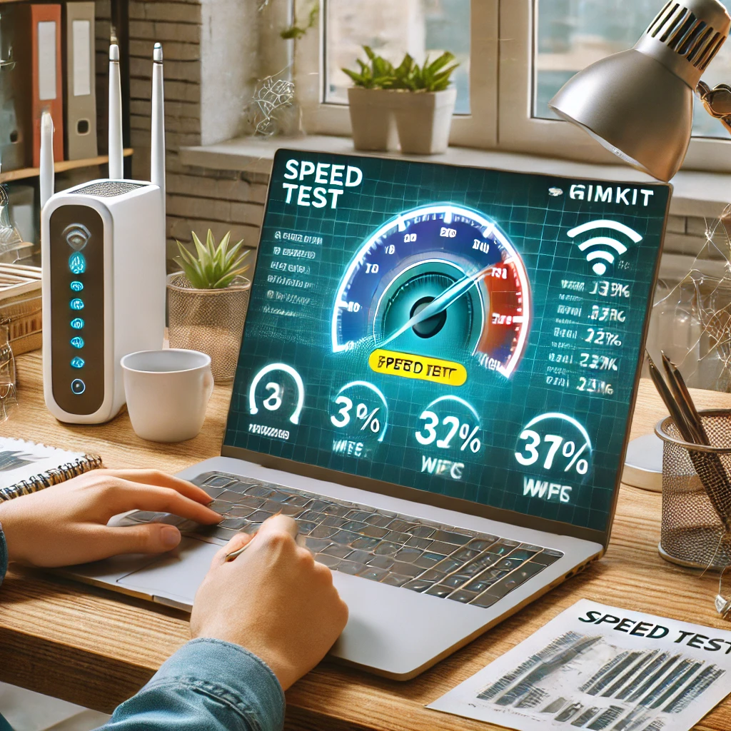 A modern workspace with a Wi-Fi router and a speed test running on a laptop screen, indicating internet connectivity issues. A frustrated user checks their connection while trying to access Gimkit