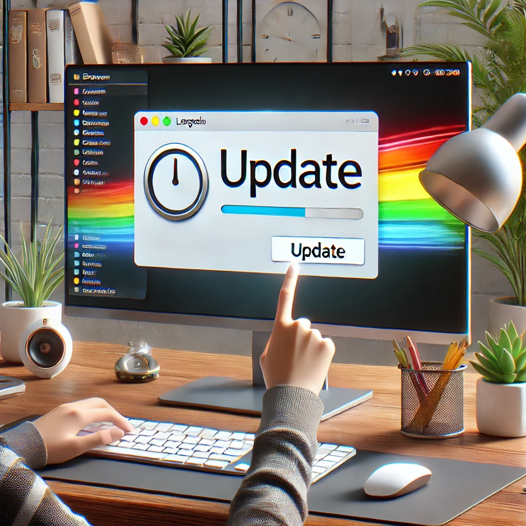 A modern workspace with a desktop screen displaying a browser update notification. A user hovers over the update button while experiencing lag issues on Gimkit