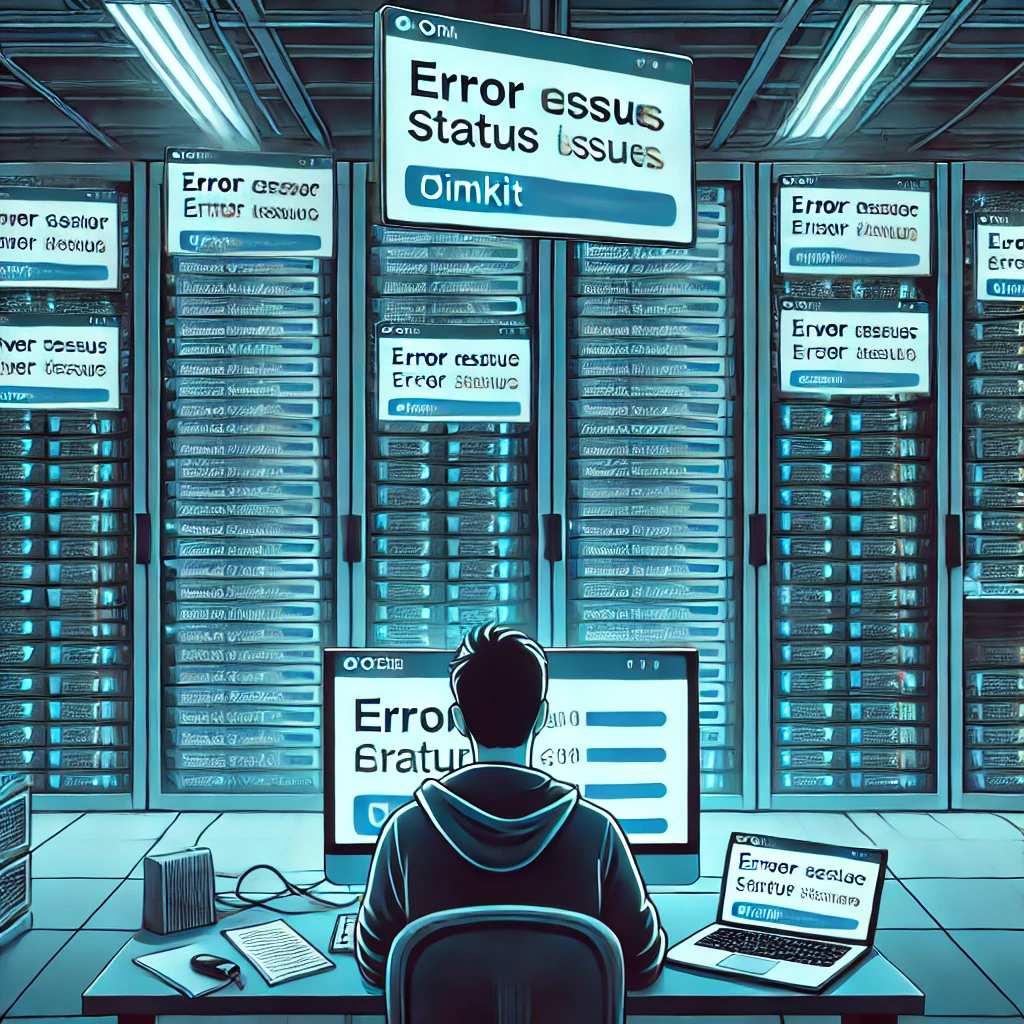 A server room with multiple screens displaying error messages, indicating an overloaded system. A user checks the Gimkit status page on a laptop to verify server issues