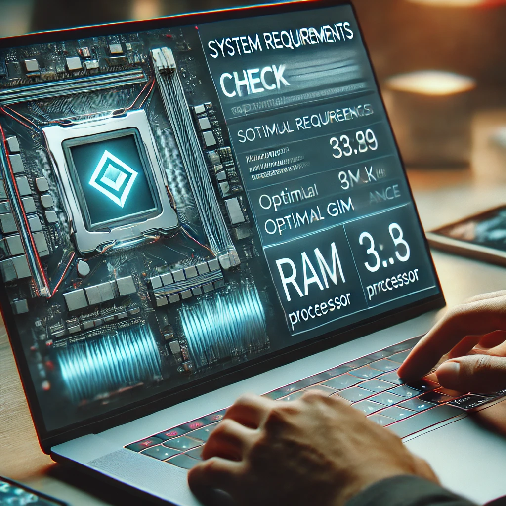 A close-up of a modern laptop displaying system requirements, ensuring compatibility with Gimkit to prevent lag issues