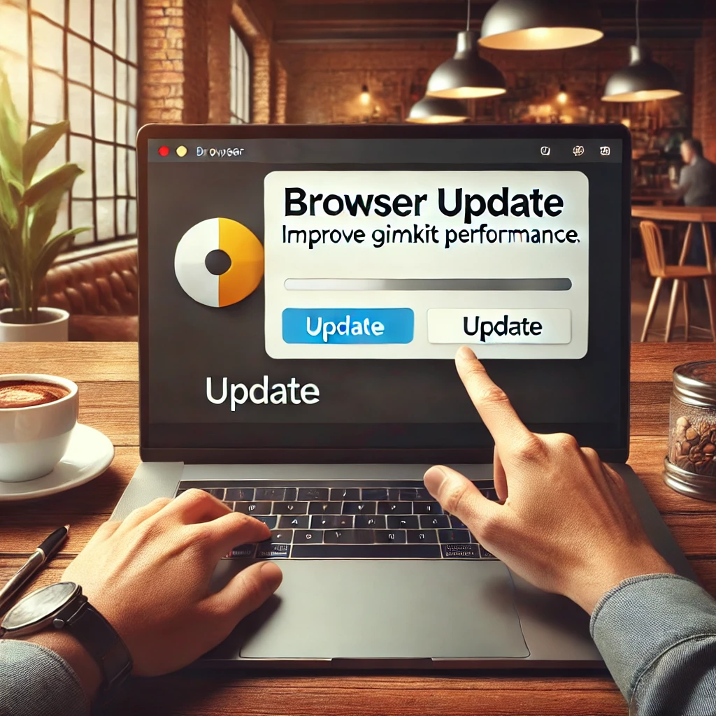 A laptop screen displaying a browser update notification, ensuring smooth performance while running Gimkit