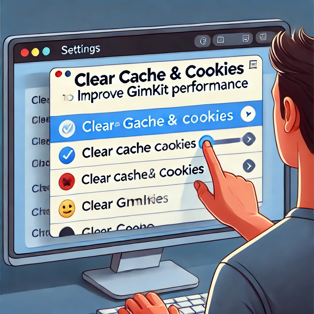 A computer screen displaying a browser settings menu with cache and cookie clearing options highlighted to optimize Gimkit speed