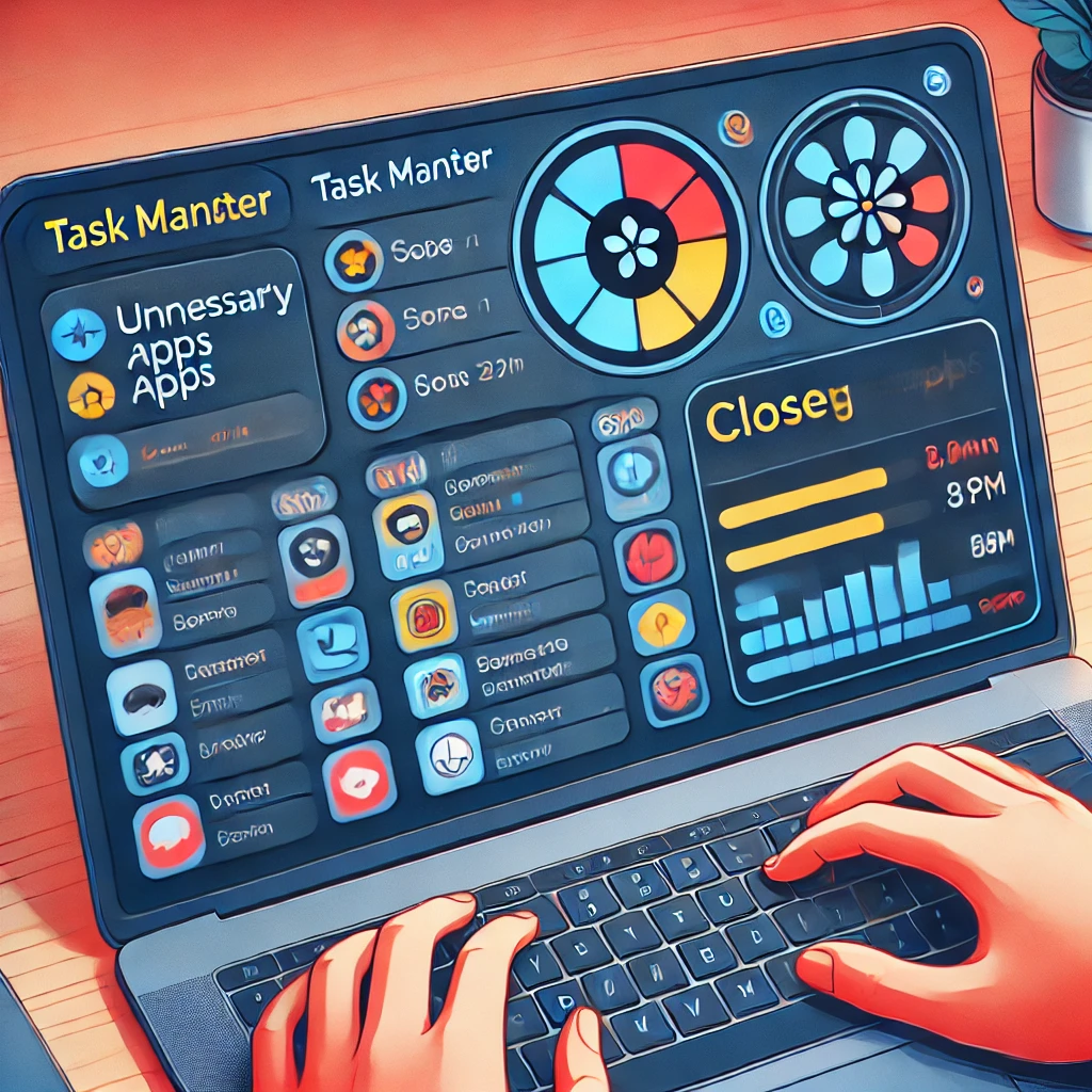 A laptop screen displaying a task manager with multiple resource-intensive applications running, affecting Gimkit’s performance