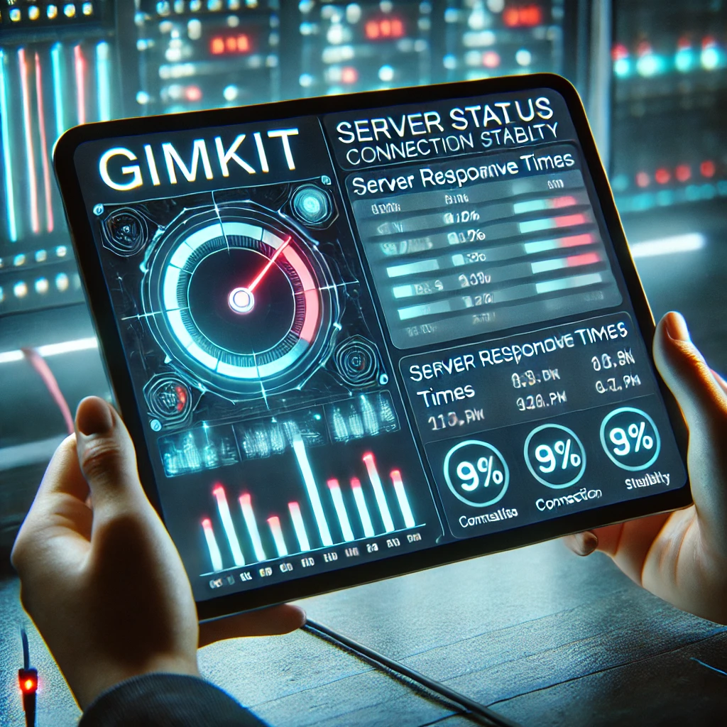 A digital dashboard displaying Gimkit’s real-time server status, helping users determine if lag is due to server issues