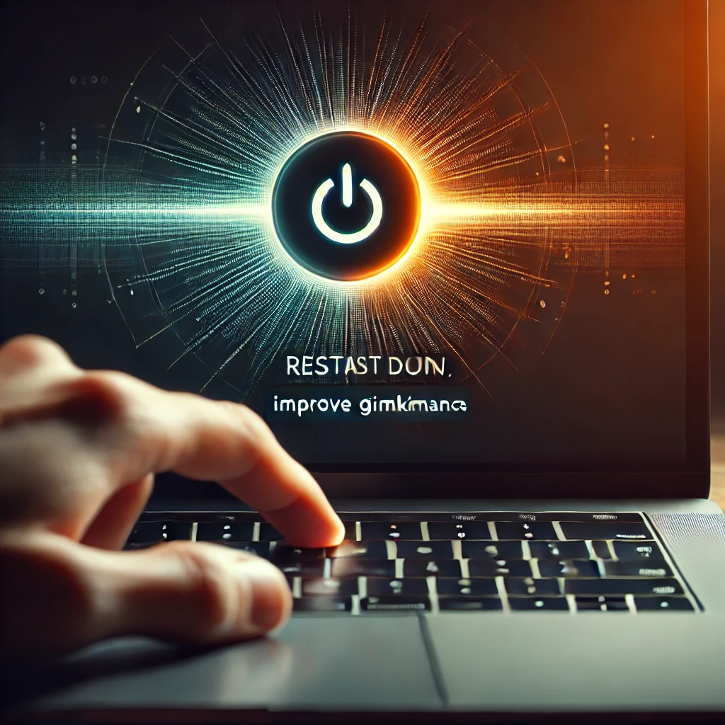 A person pressing the power button on a laptop, rebooting the device to clear temporary glitches and enhance Gimkit speed