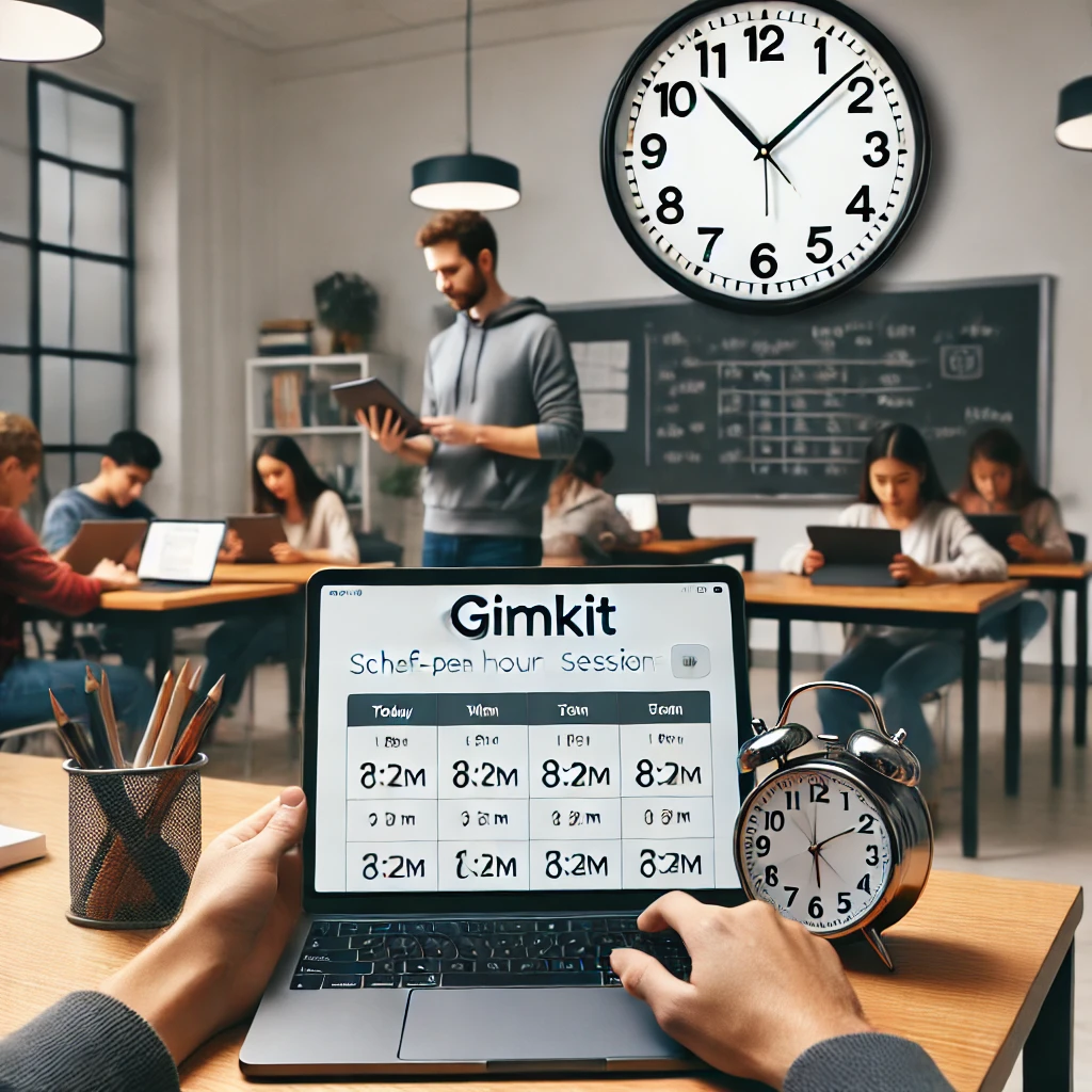 A modern classroom where a teacher checks the time on a wall clock while scheduling a Gimkit session on a laptop. Students are working on tablets in the background, emphasizing strategic scheduling for smooth gameplay