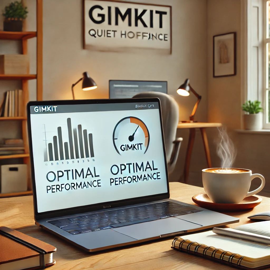 A quiet home office setup with a laptop displaying a Gimkit session, showing an optimal performance indicator. The space is distraction-free, featuring a cup of coffee, a notebook, and a well-lit environment for focused learning