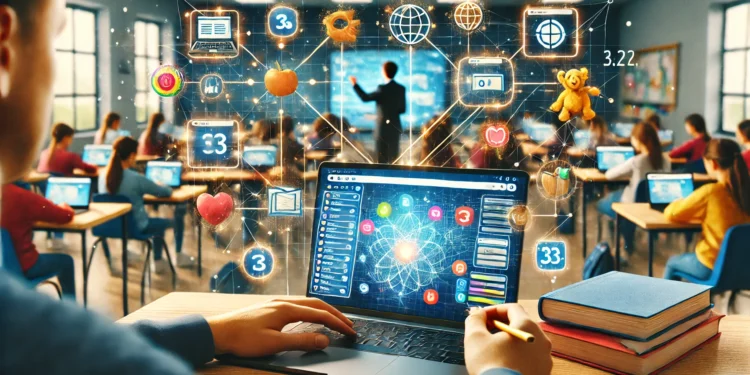 A teacher enhancing a gamified learning experience with browser extensions in a modern classroom, surrounded by engaged students using their devices