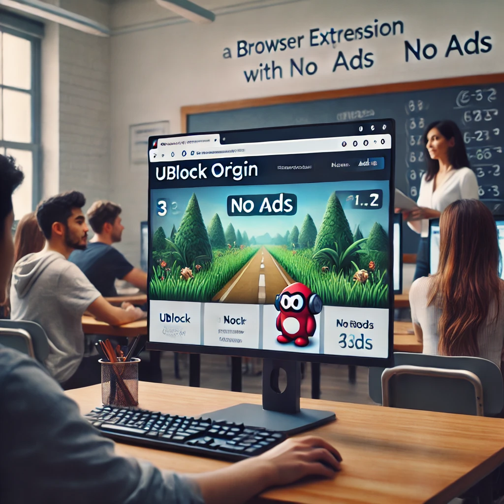 A teacher in a modern classroom using a computer to demonstrate the uBlock Origin browser extension, helping improve gameplay load times on Gimkit with students actively engaged