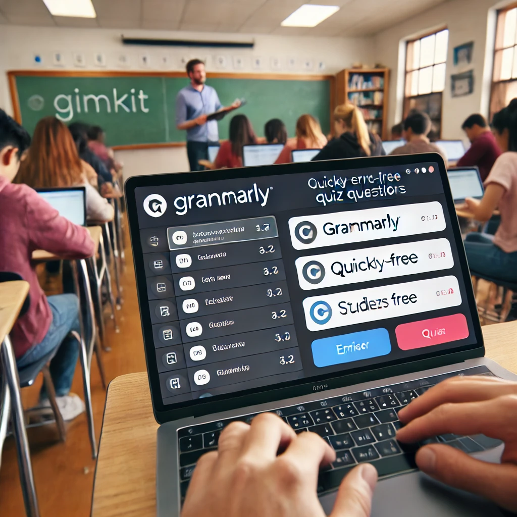 A teacher in a busy classroom efficiently creating error-free quiz questions with the Grammarly extension for Gimkit, helping students engage in smooth learning activities