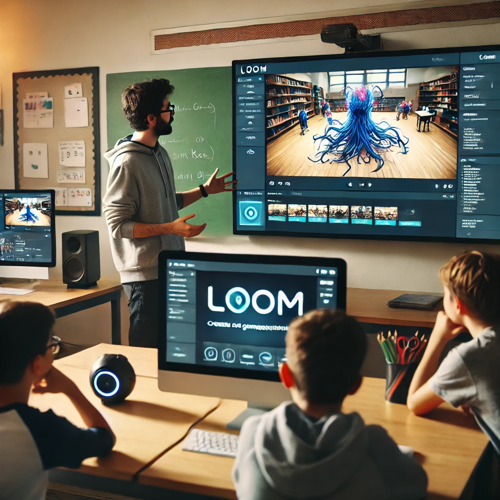 A teacher in a classroom using Loom to create a video demo for a complex Gimkit gameplay lesson, with students watching and engaged in personalized learning