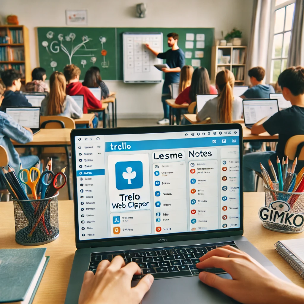 A teacher using the Trello Web Clipper browser extension to organize lessons and notes for a smooth Gimkit experience, while students focus on their laptops