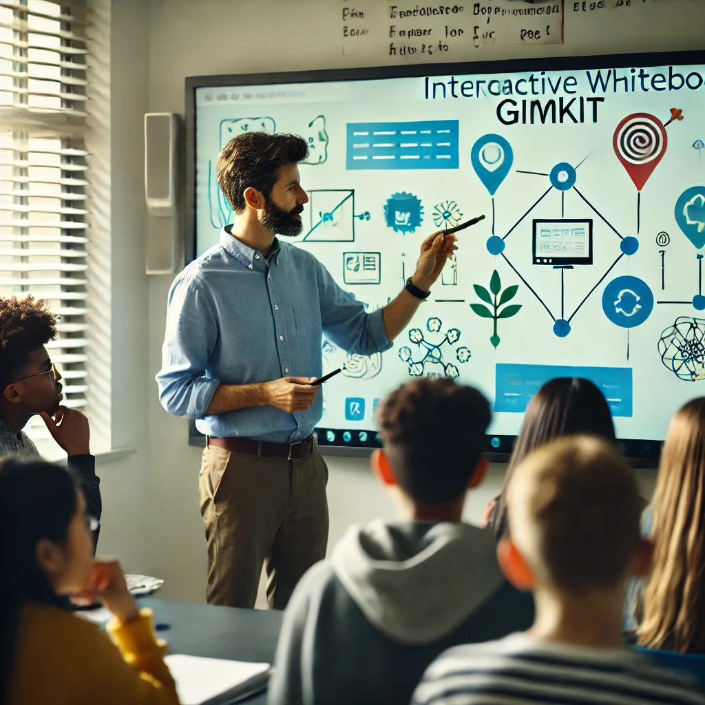 A teacher and students brainstorming and collaborating on the Scribblar interactive whiteboard during a Gimkit session, fostering teamwork and engagement