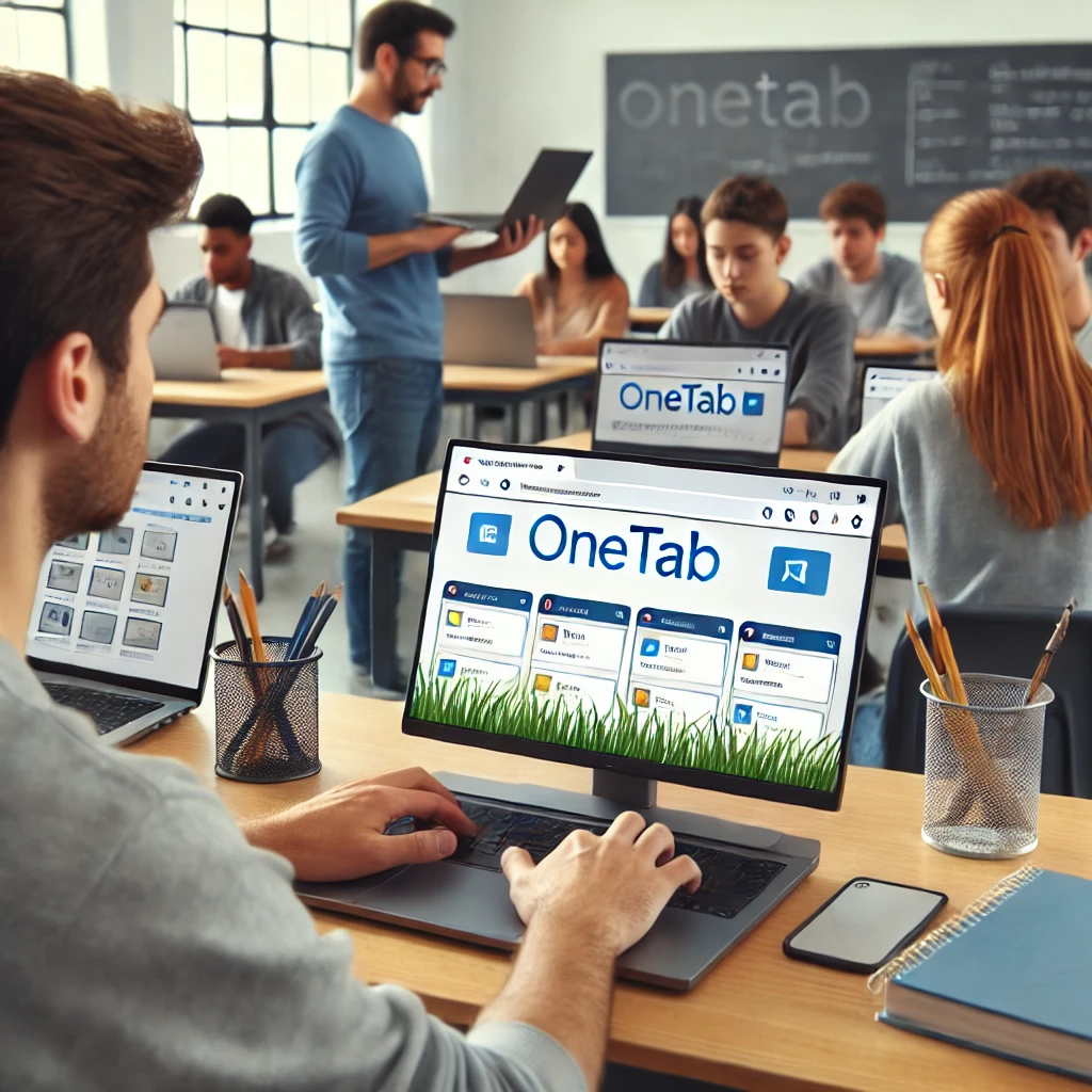 A teacher using the OneTab and uBlock Origin extensions to consolidate browser tabs and block unnecessary scripts, ensuring smooth Gimkit gameplay